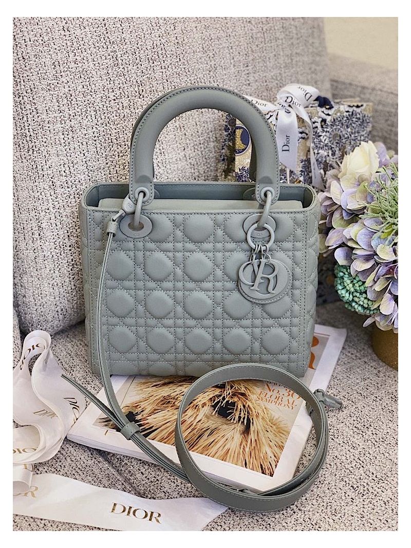 Dior Medium Lady Dior Ultra-Matte Stone Gray Tote Bag M0565