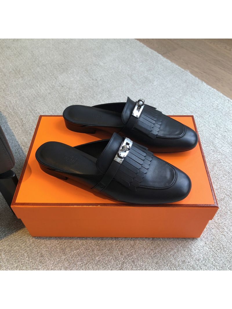 Hermes OZ Mule in fringed calfskin H241068Z Black