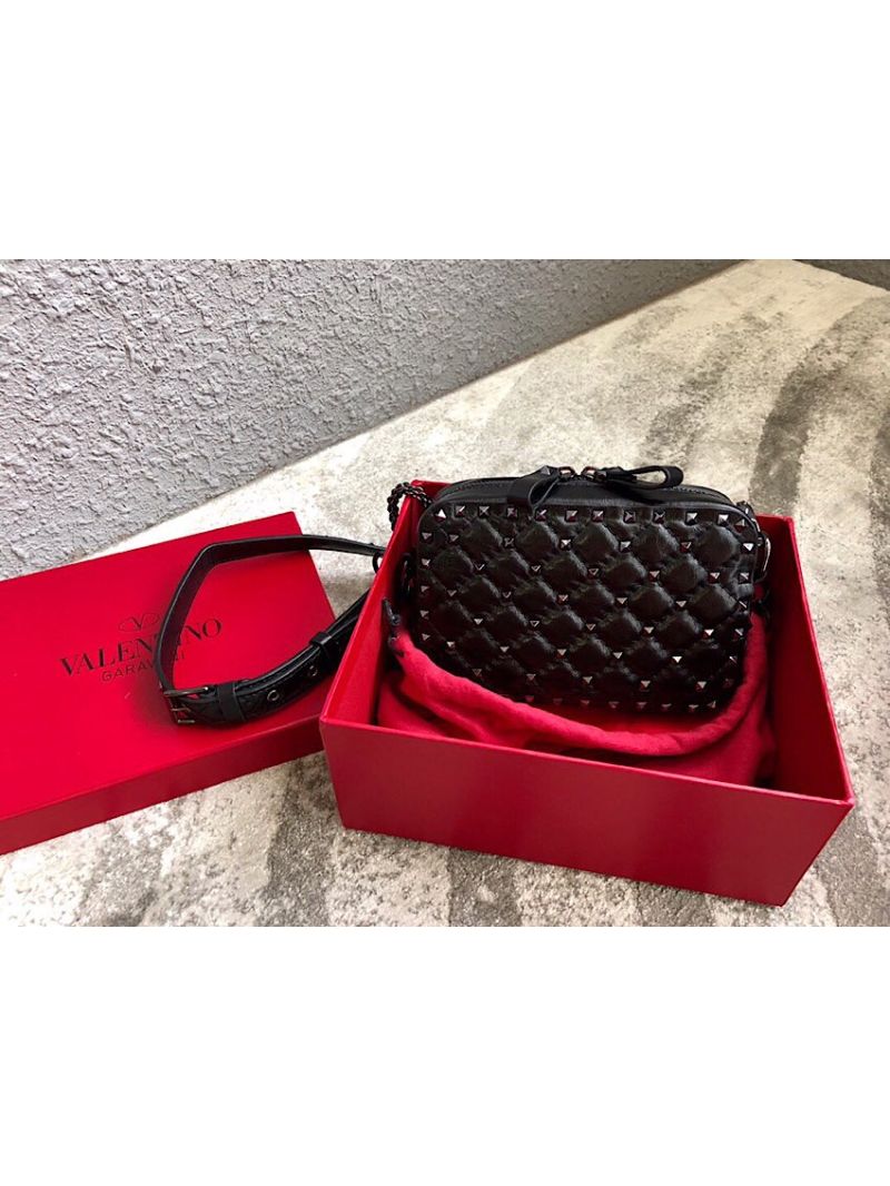 Valentino Rockstud Spike Small Camera Bag QW1B0B60 Black Craquelé 
