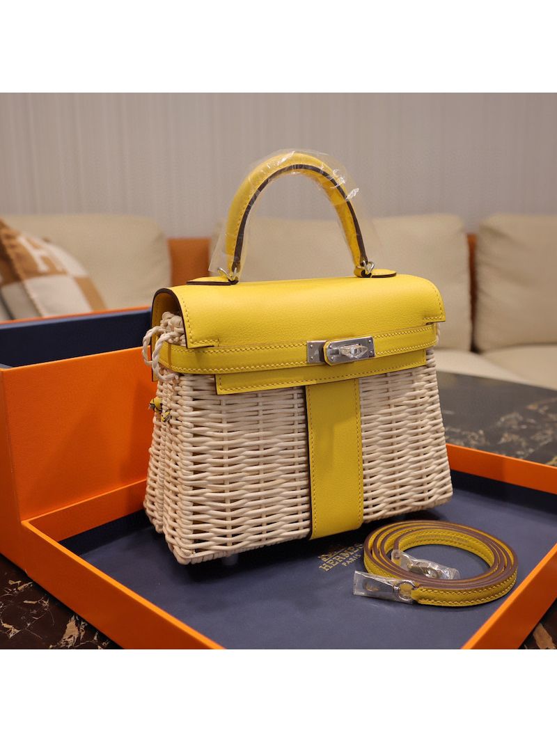 Hermès Mini Kelly Picnic 20cm of Osier Wicker and Jaune de Naples Swift Leather with Palladium Hardware