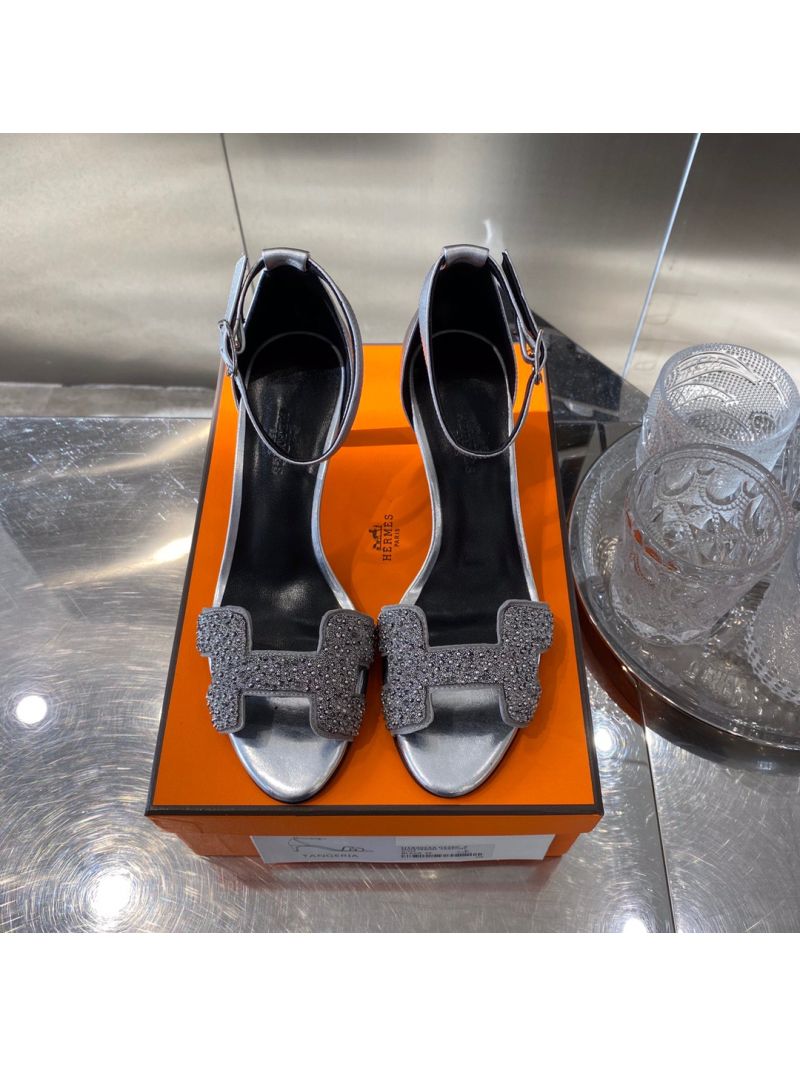 Hermes Premiere 70 Sandals Suede Goatskin With Crystal Gris Argente  H201166
