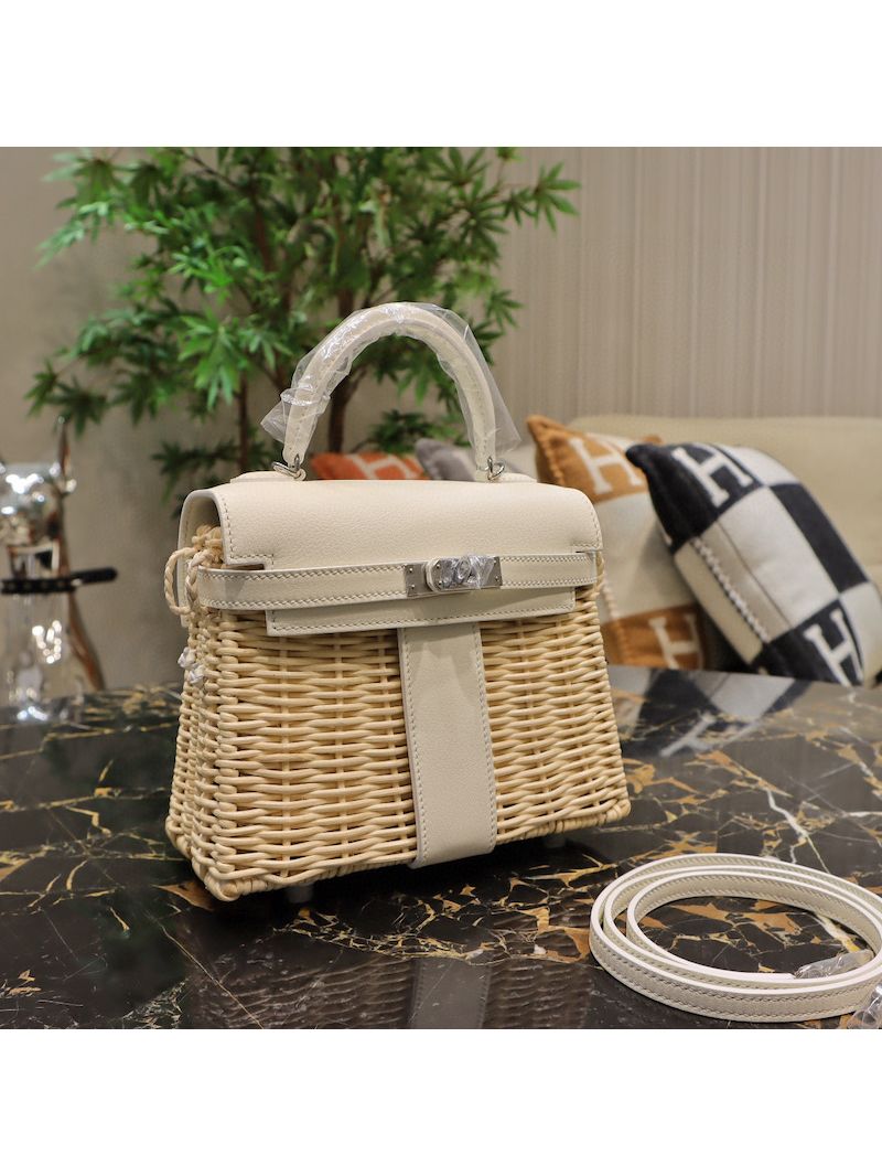 Hermès Mini Kelly Picnic 20cm of Osier Wicker and White Swift Leather with Palladium Hardware