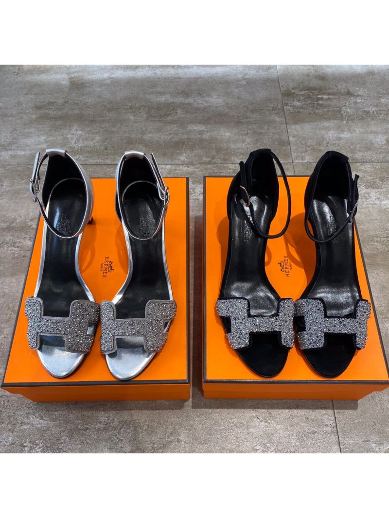 Hermes Premiere 70 Sandals Suede Goatskin With Crystal Black H201166