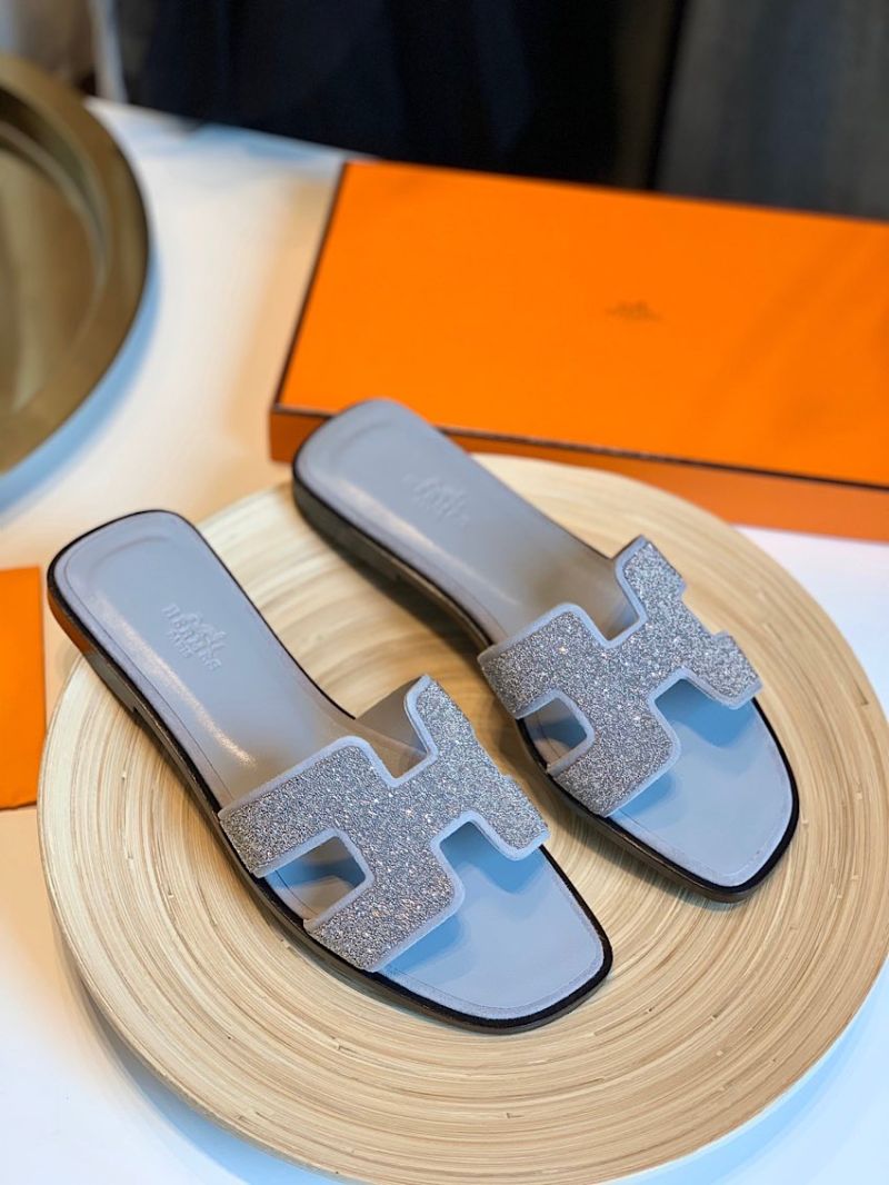 Hermes Oran Sandals with Crystals in Grey