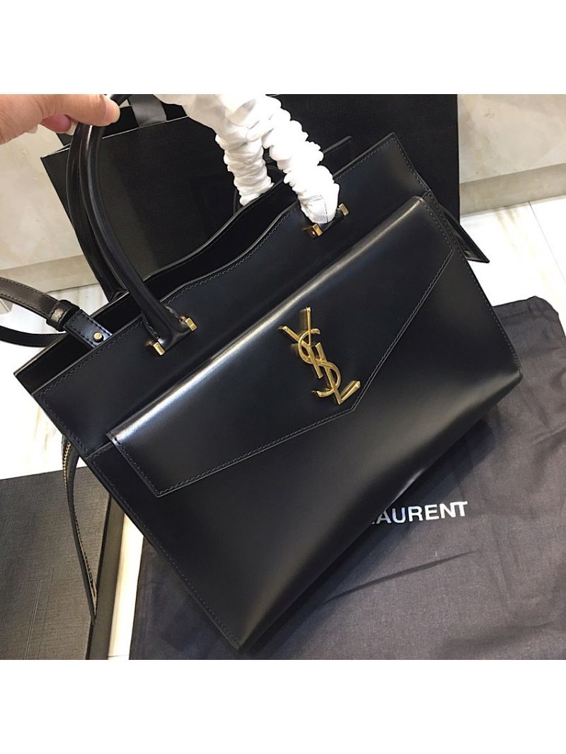 Saint Laurent YSL Uptown Medium Tote In Shiny Smooth Leather 557653 Black