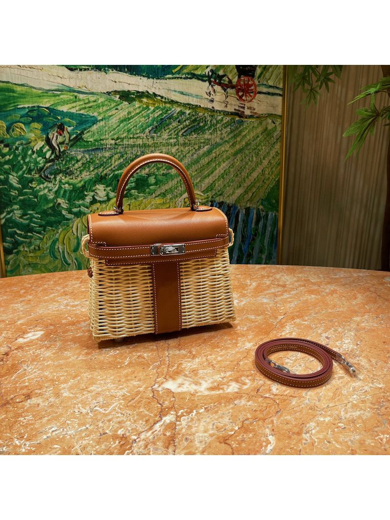 Hermès Mini Kelly Picnic 20cm of Osier Wicker and Gold Swift Leather with Palladium Hardware