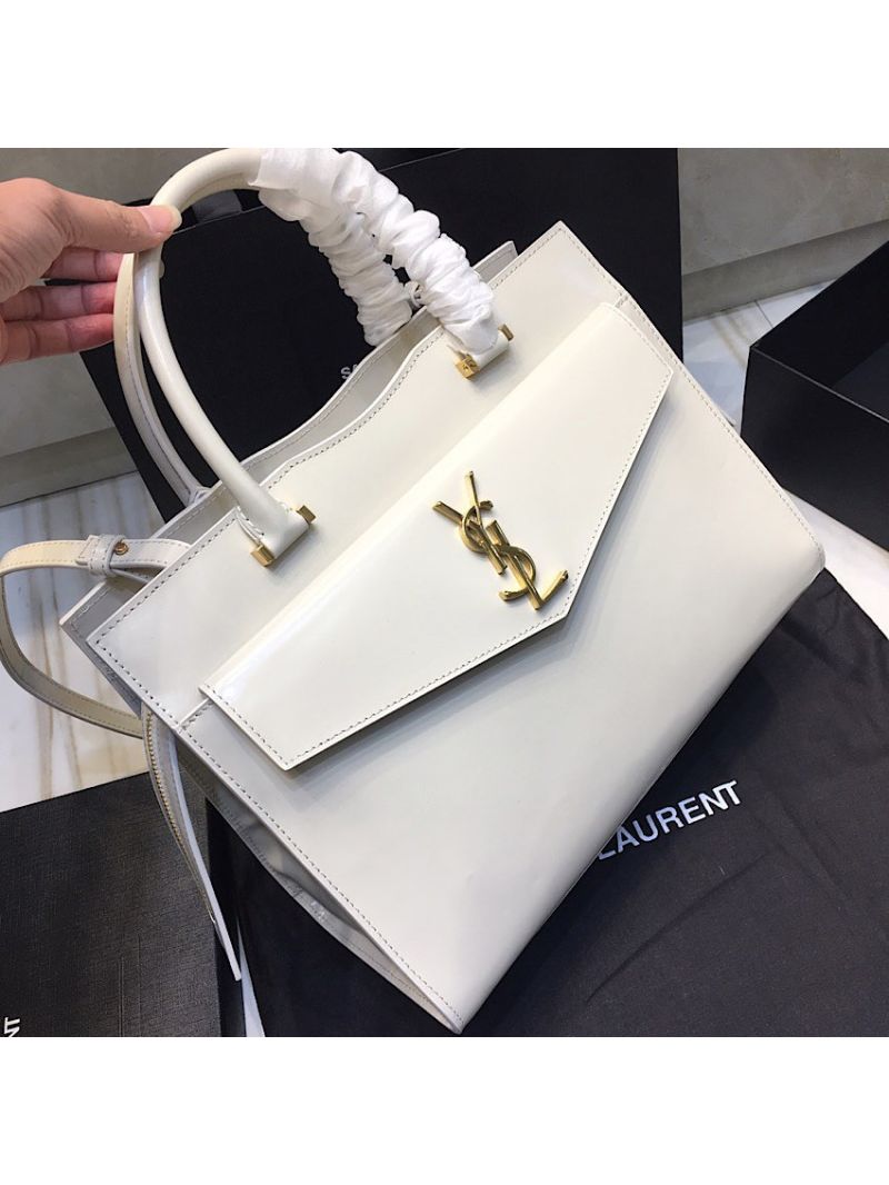 Saint Laurent YSL Uptown Medium Tote In Shiny Smooth Leather 557653 Blanc