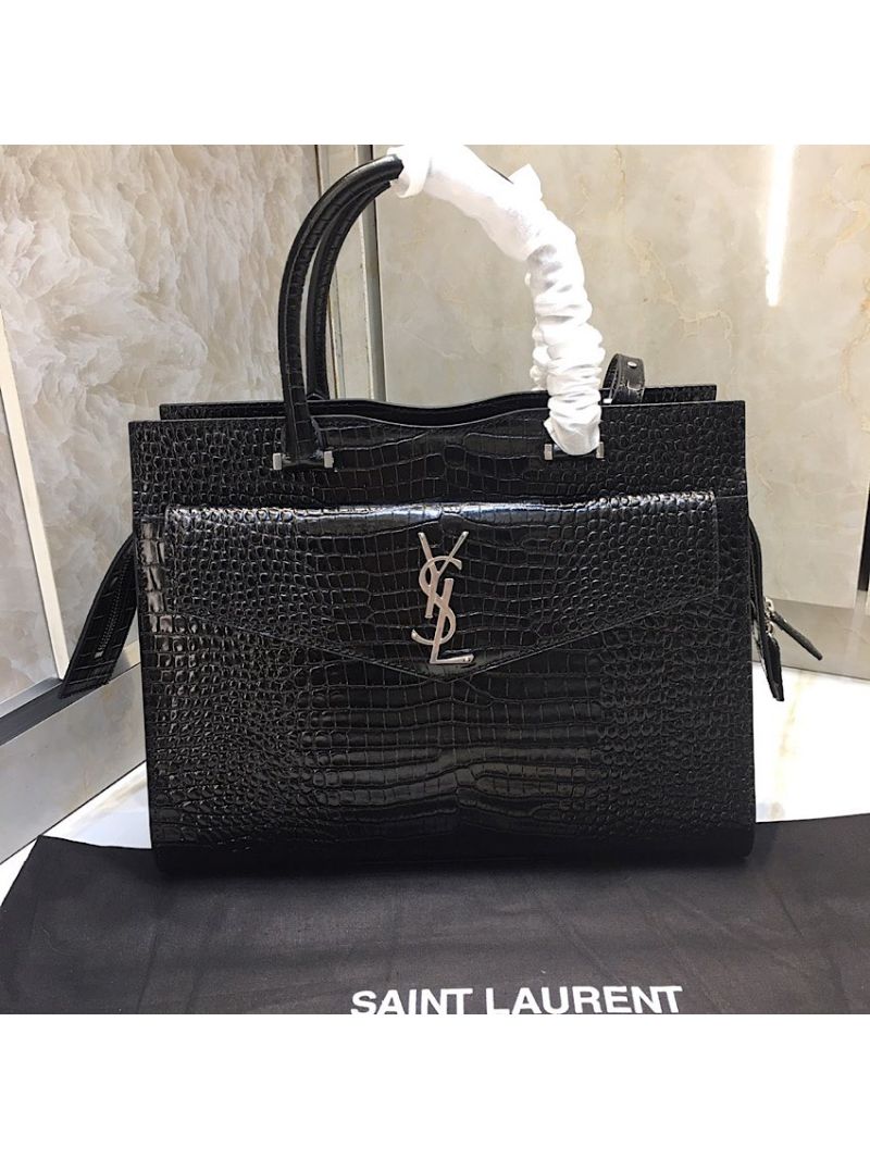 Saint Laurent YSL Uptown Medium Tote In Shiny Crocodile-embossed Leather 557653 Black