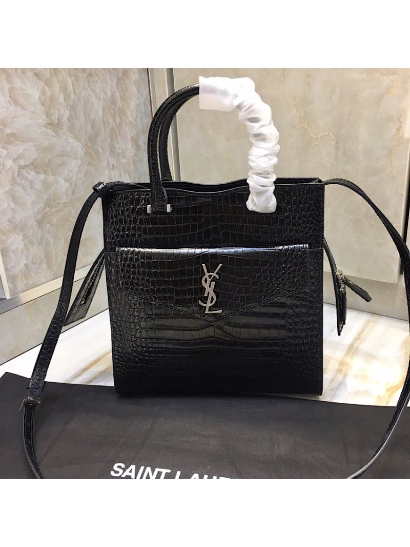 Saint Laurent YSL Uptown Small Tote In Uptown Small Tote In Shiny Crocodile-embossed Leather 561203 Black