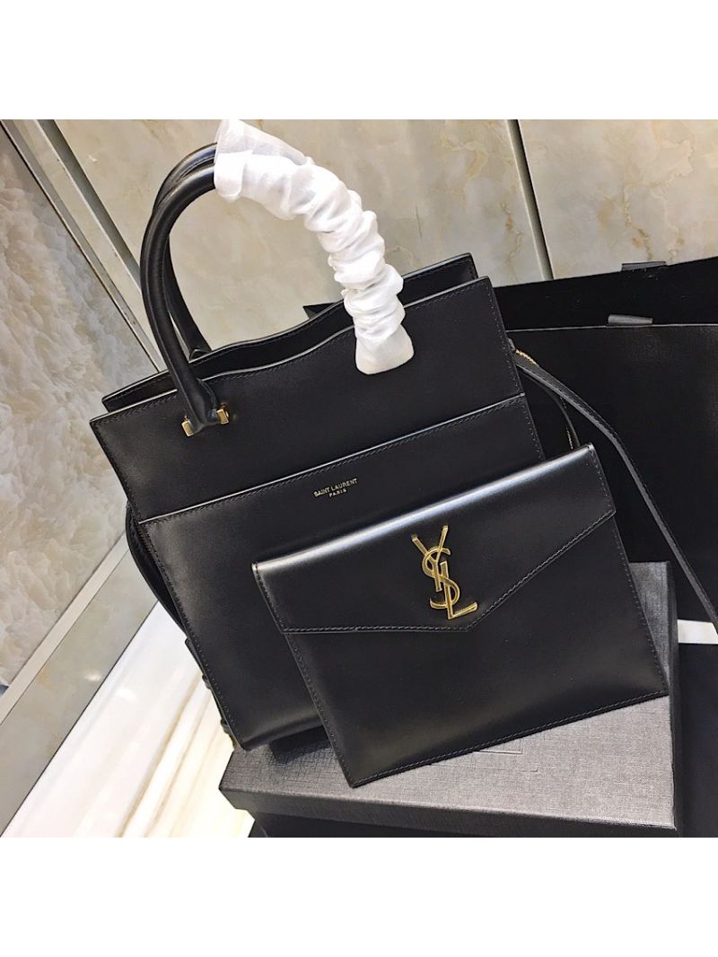 Saint Laurent YSL Uptown Small Tote In Shiny Smooth Leather 561203 Black