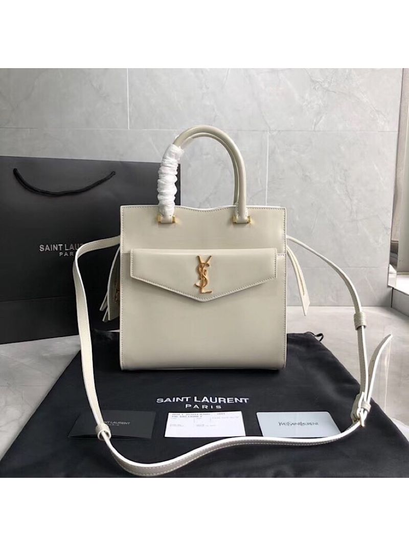 Saint Laurent YSL Uptown Small Tote In Shiny Smooth Leather 561203 Blanc