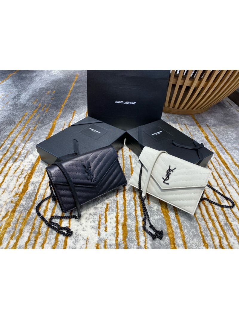 YSL Saint Laurent Envelope Chain Wallet Grain De Poudre 393953 Black in black Hardware