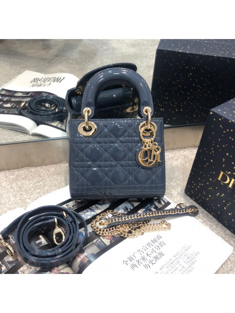 Christian Dior Quilted Dark Denim Patent Leather Lady Dior Bag