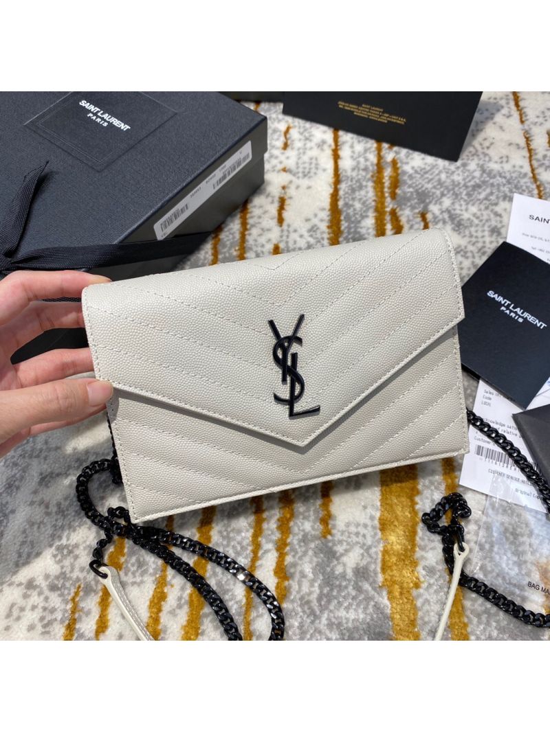YSL Saint Laurent Envelope Chain Wallet Grain De Poudre 393953 White in black Hardware