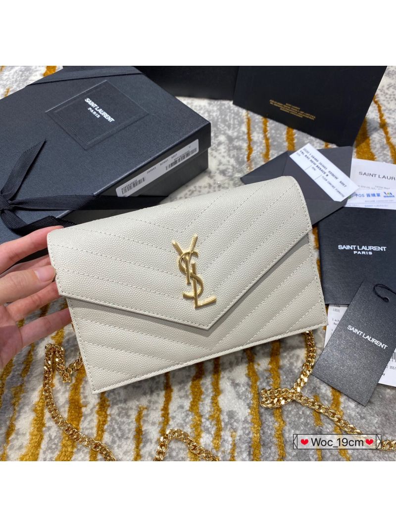 YSL Saint Laurent Envelope Chain Wallet Grain De Poudre 393953 White in Gold Hardware