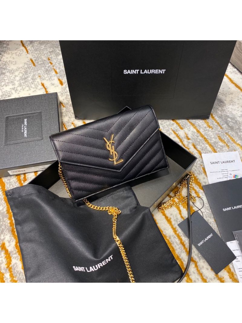 YSL Saint Laurent Envelope Chain Wallet Grain De Poudre 393953 Black in Gold Hardware
