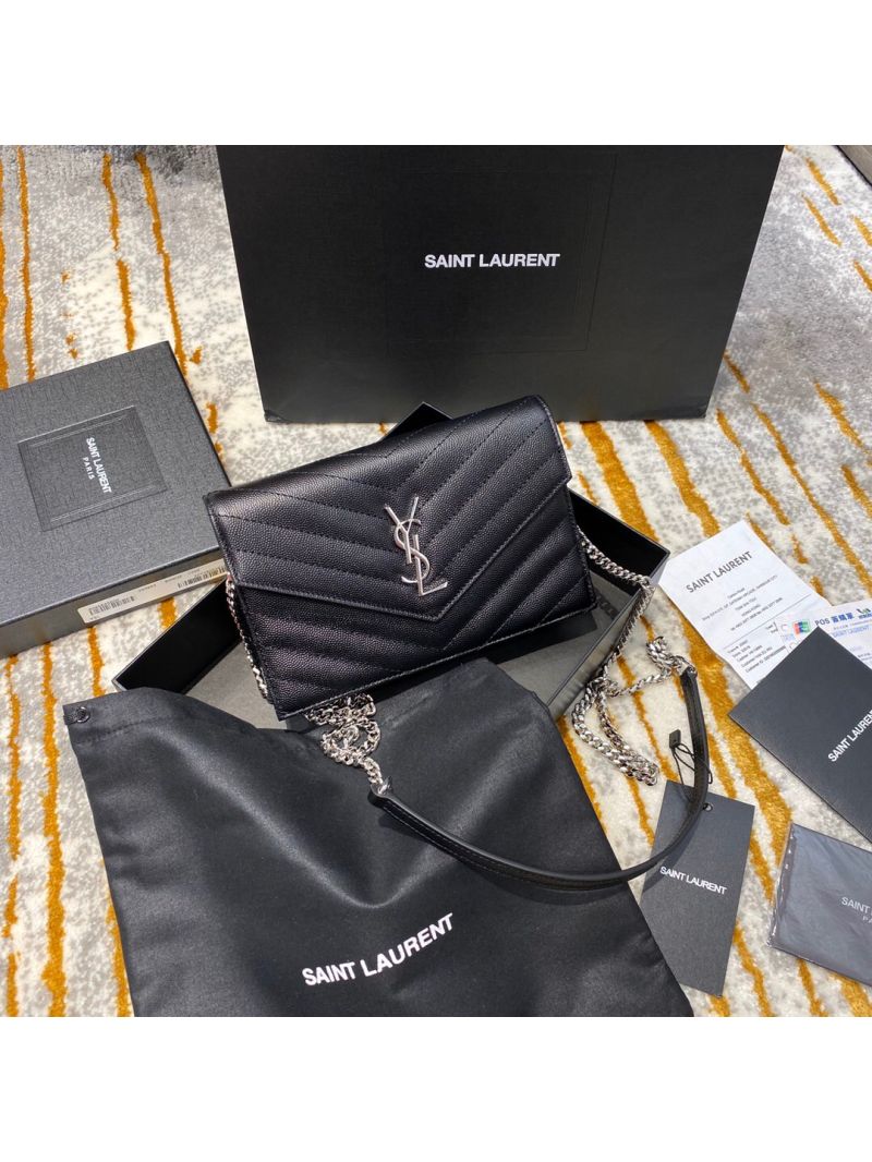 YSL Saint Laurent Envelope Chain Wallet Grain De Poudre 393953 Black in Silver Hardware