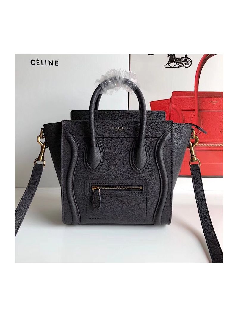 Céline Luggage Tote Drummed Calfskin Black Gold Hardware