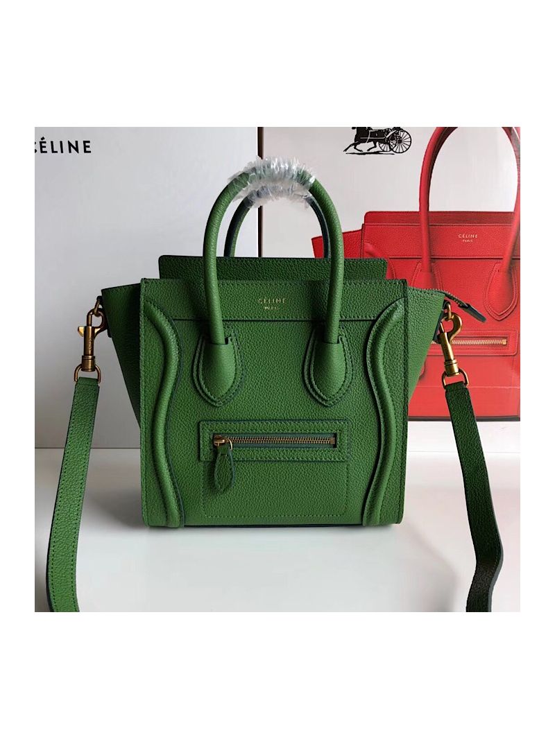 Céline Luggage Tote Drummed Calfskin Bamboo Green Gold Hardware