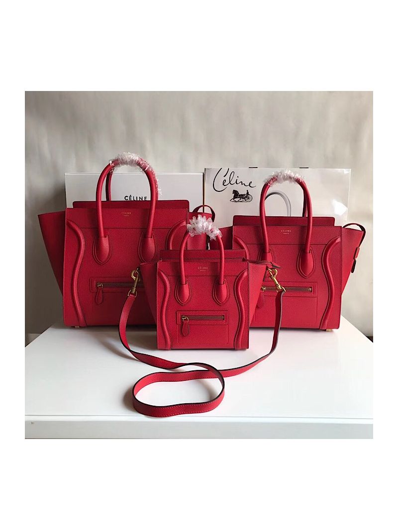 Céline Luggage Tote Drummed Calfskin Red Gold Hardware