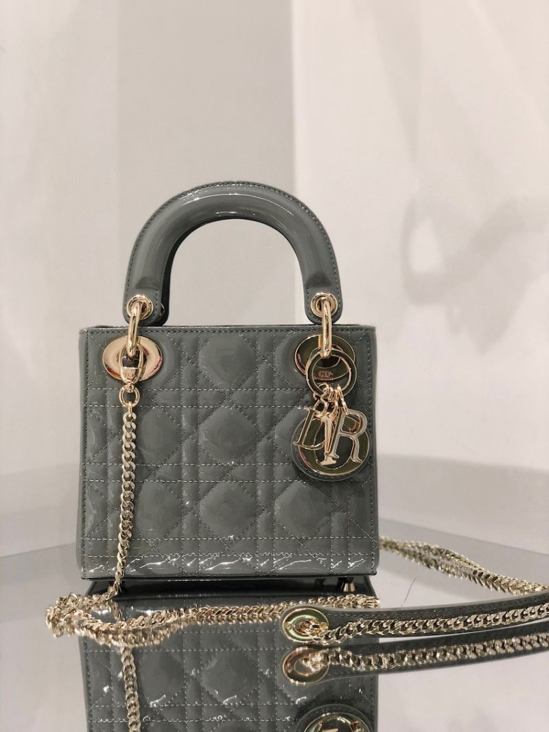 Dior Quilted Steel Grey Patent Leather Mini Lady Dior Bag