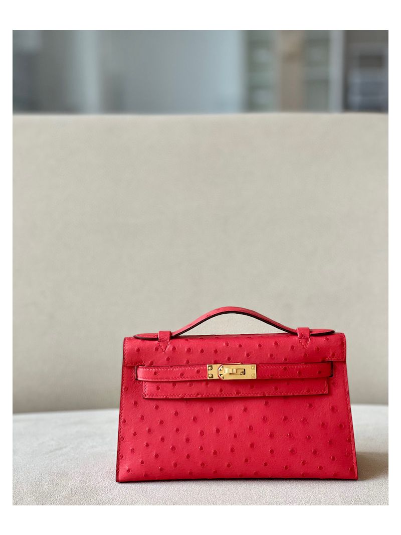 Hermes Kelly Pochette Clutch Bag in Ostrich Leather Red