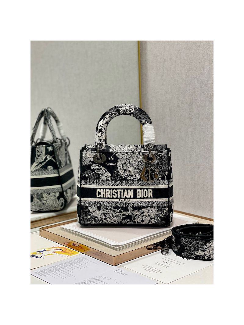 Dior Medium Lady D-Lite Bag Black Toile de Jouy Zodiac Embroidery M0565
