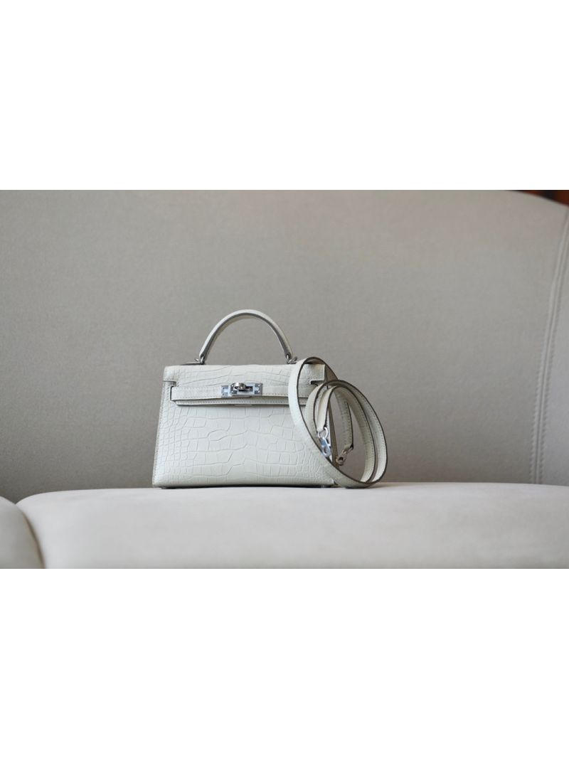 Hermès Mini Kelly Sellier II 20 in Matte Alligator Leather Beton White