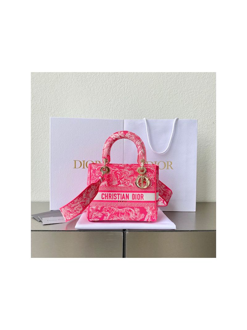 Dior Medium Lady D-Lite Bag Fluorescent Pink Toile de Jouy Reverse Embroidery M0565