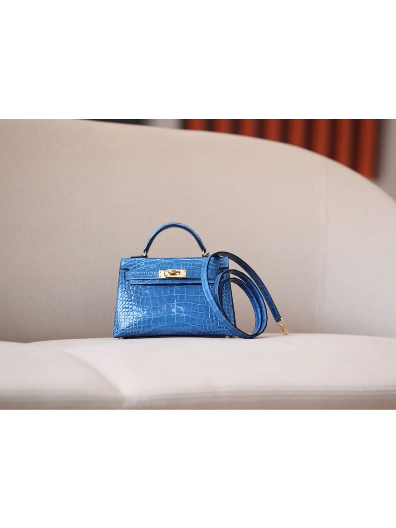Hermès Mini Kelly Sellier II 20 in Shiny Alligator Leather Mykonos Blue