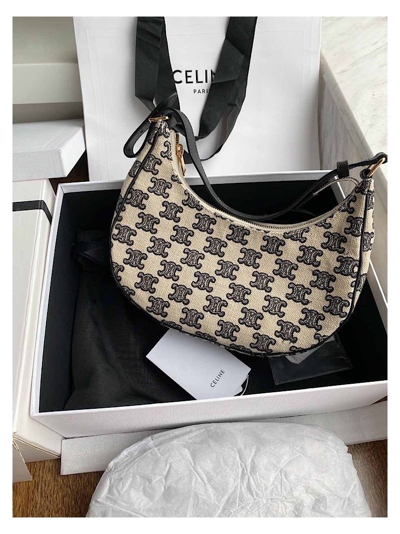 Celine Ava Bag Textile with Triomphe Embroidery 193952 Black