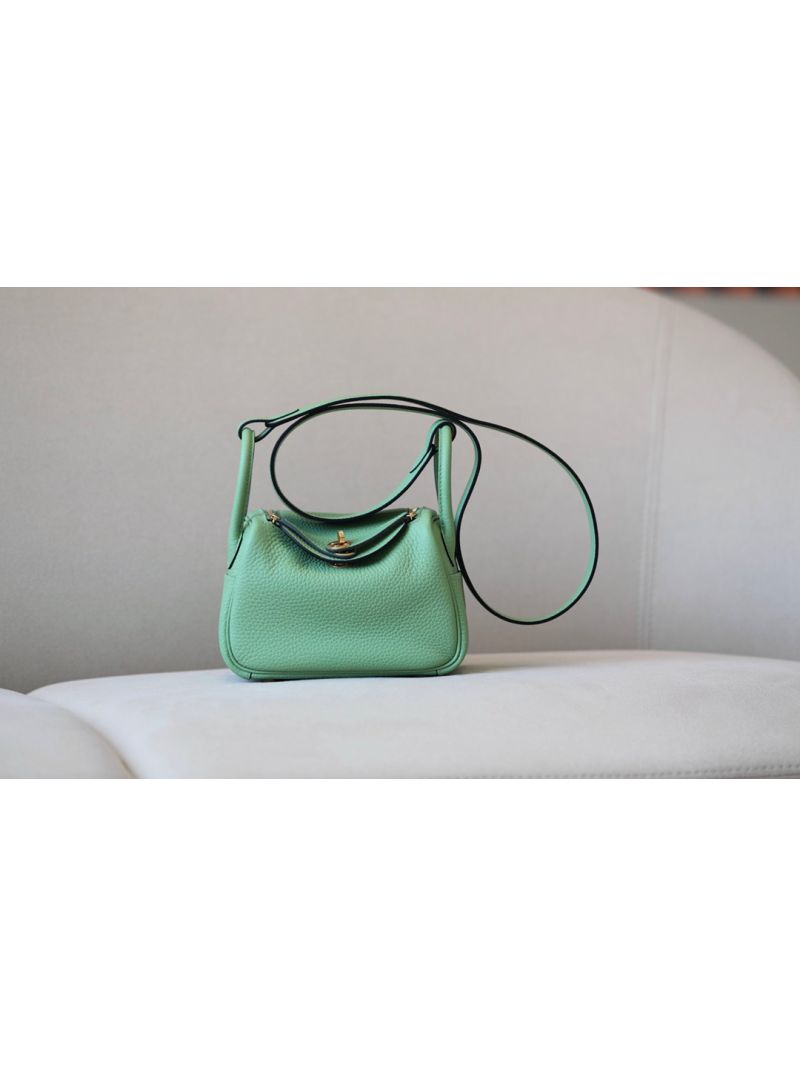 Hermes Mini Lindy 20cm Bag in Clemence Vert Criquet