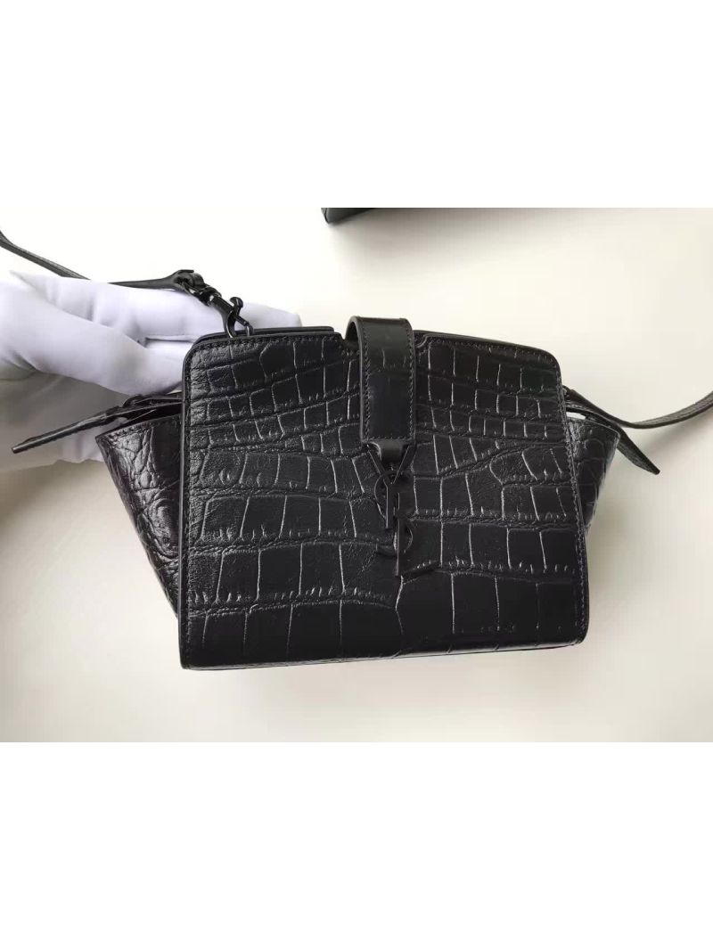 YSL Yves Saint Laurent Toy Cabas Bag in Black Crocodile Embossed Leather 