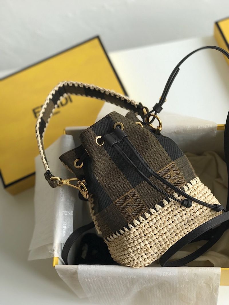 Fendi Small Mon Tresor Brown Fabric Mini-bag with Beige Raffia Braiding