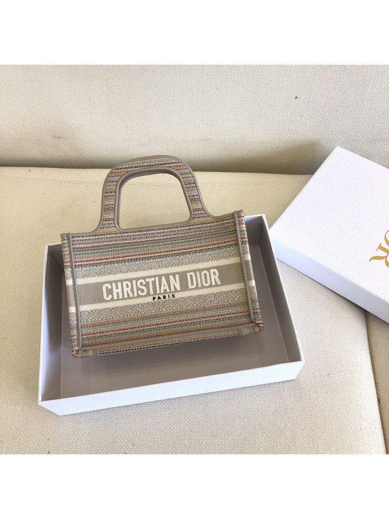 Dior Mini Book Tote S5475 Multicolor Stripes Embroidery