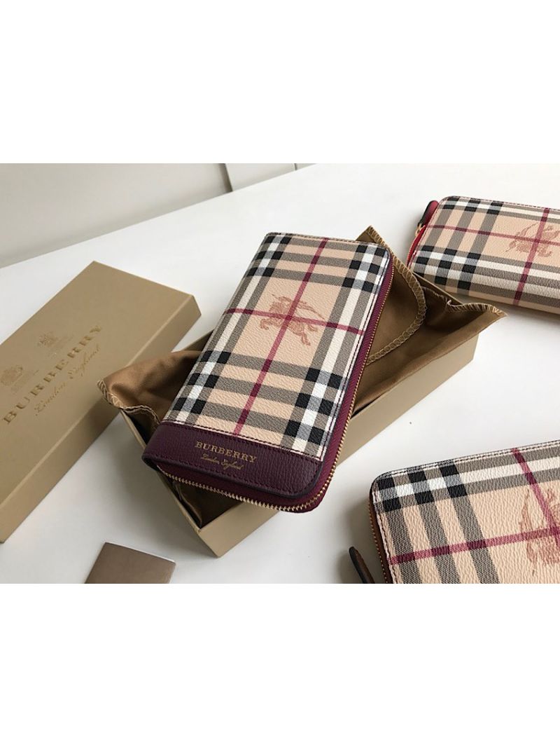 Burberry Leather Trim Haymarket Zip Around Wallet 887038 Wine