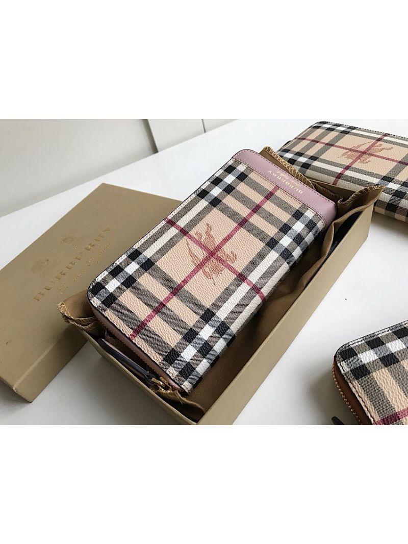 Burberry Leather Trim Haymarket Zip Around Wallet 887038 Rose Poudre