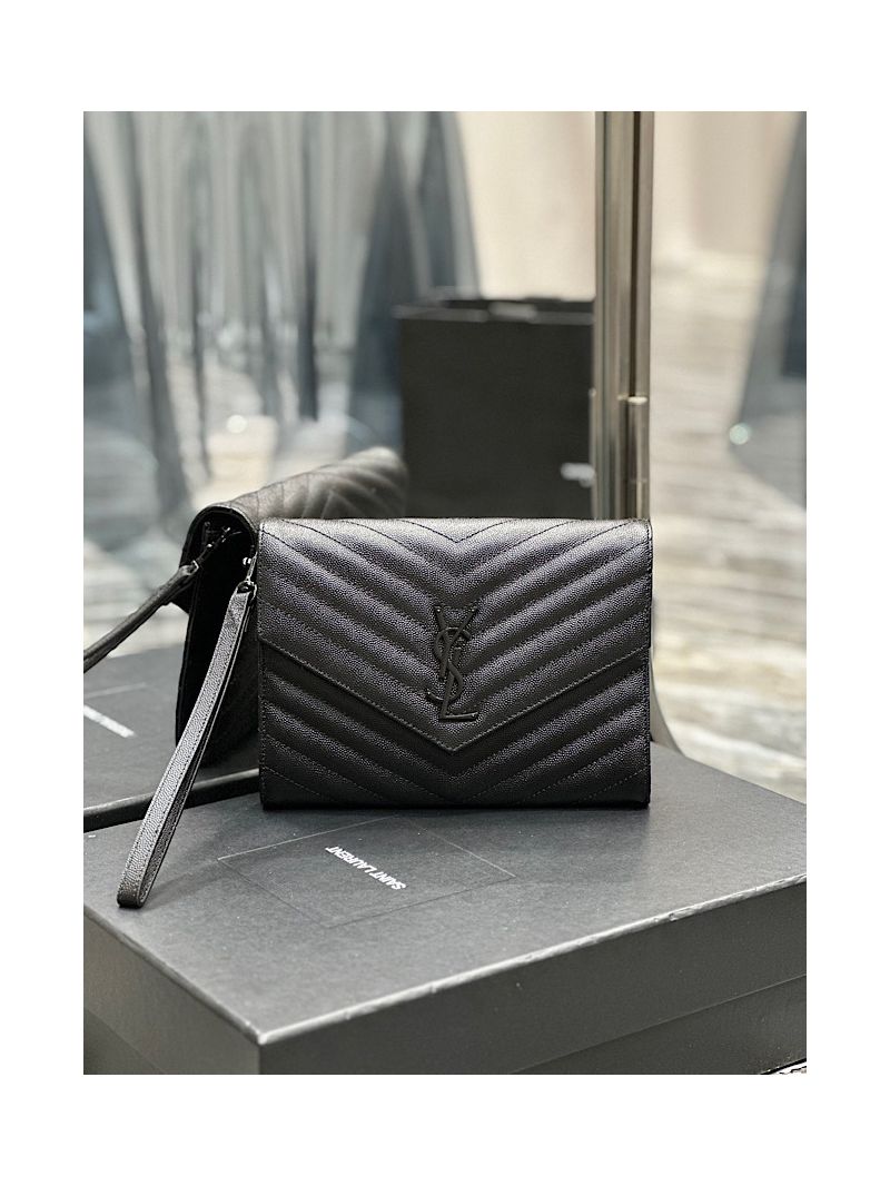 YSL Saint Laurent Monogram Clutch in Quilted Grain De Poudre Embossed Leather 617662 All Black