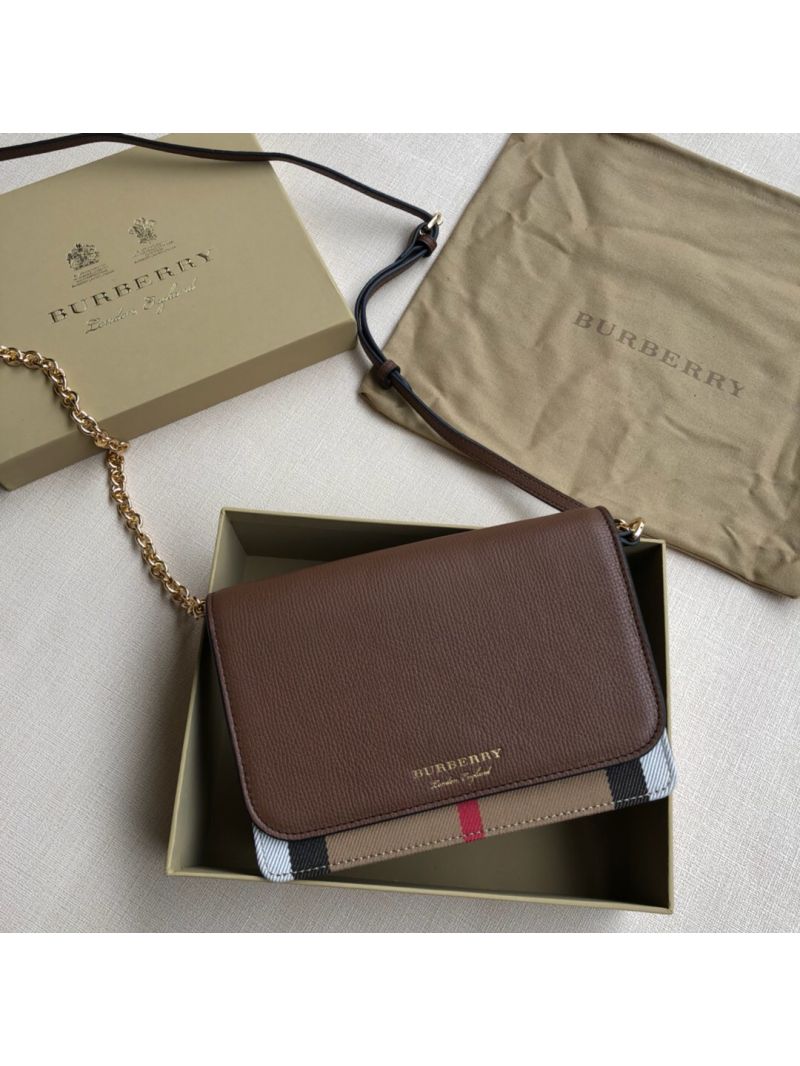 Burberry Leather and House Check Wallet with Detachable Strap 40681441 brown