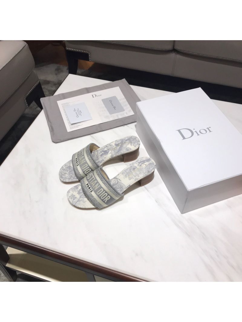 Dior DWAY Heeled Mule Toile De Jouy Embroidery KCQ24 Gray