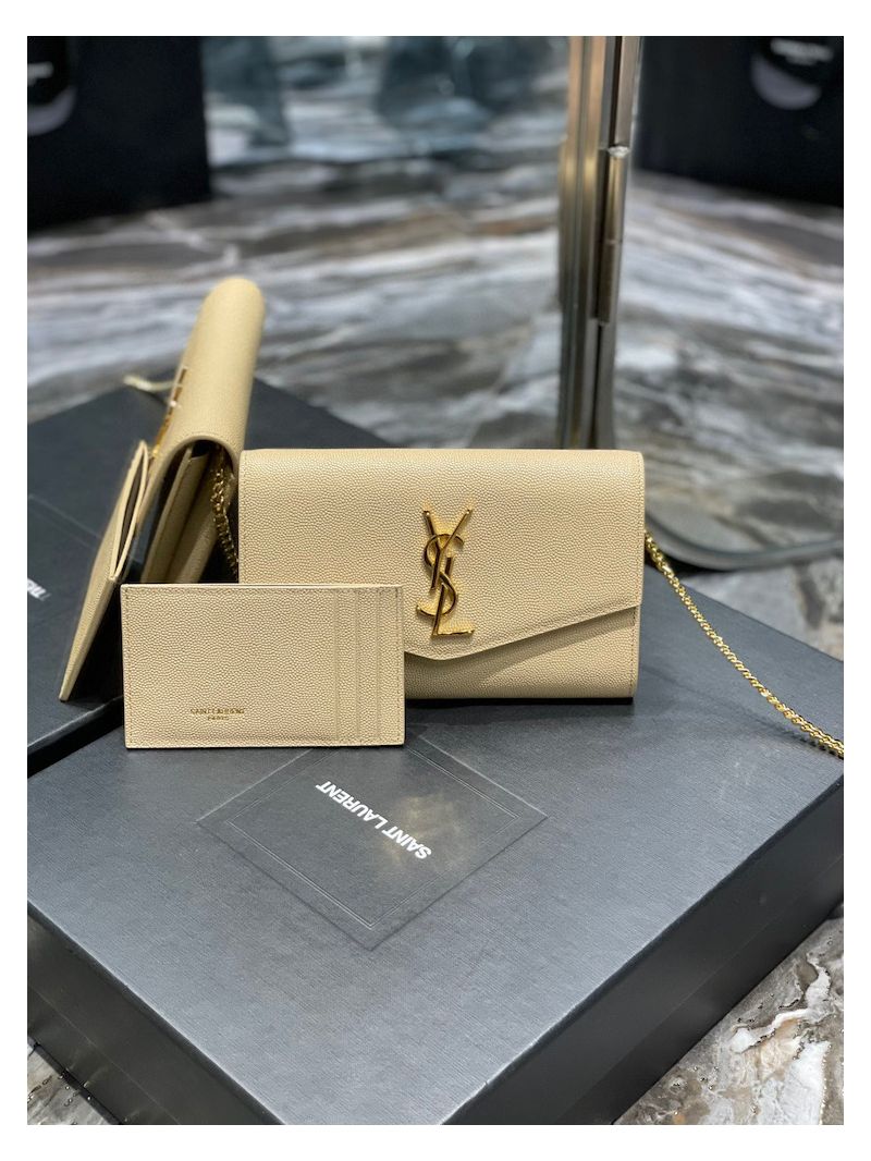 YSL Saint Laurent Uptown Chain Wallet In Grain De Poudre Embossed Leather 6077881 Beige