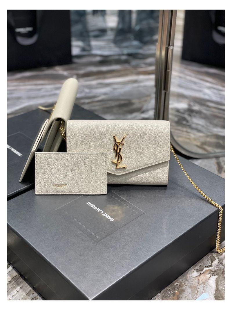 YSL Saint Laurent Uptown Chain Wallet In Grain De Poudre Embossed Leather 6077881 White