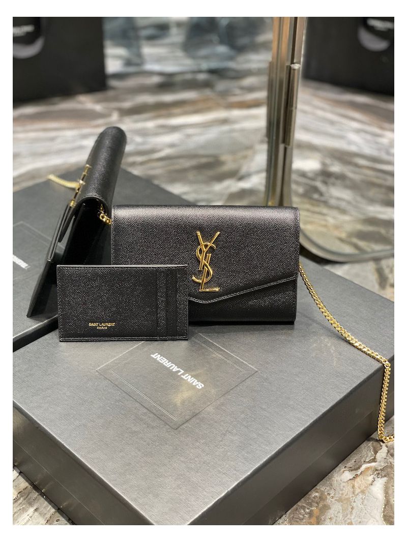 YSL Saint Laurent Uptown Chain Wallet In Grain De Poudre Embossed Leather 6077881 Black