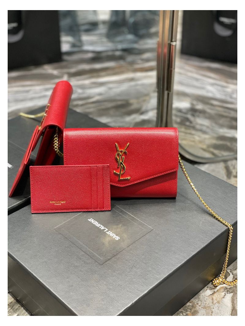 YSL Saint Laurent Uptown Chain Wallet In Grain De Poudre Embossed Leather 6077881 Red