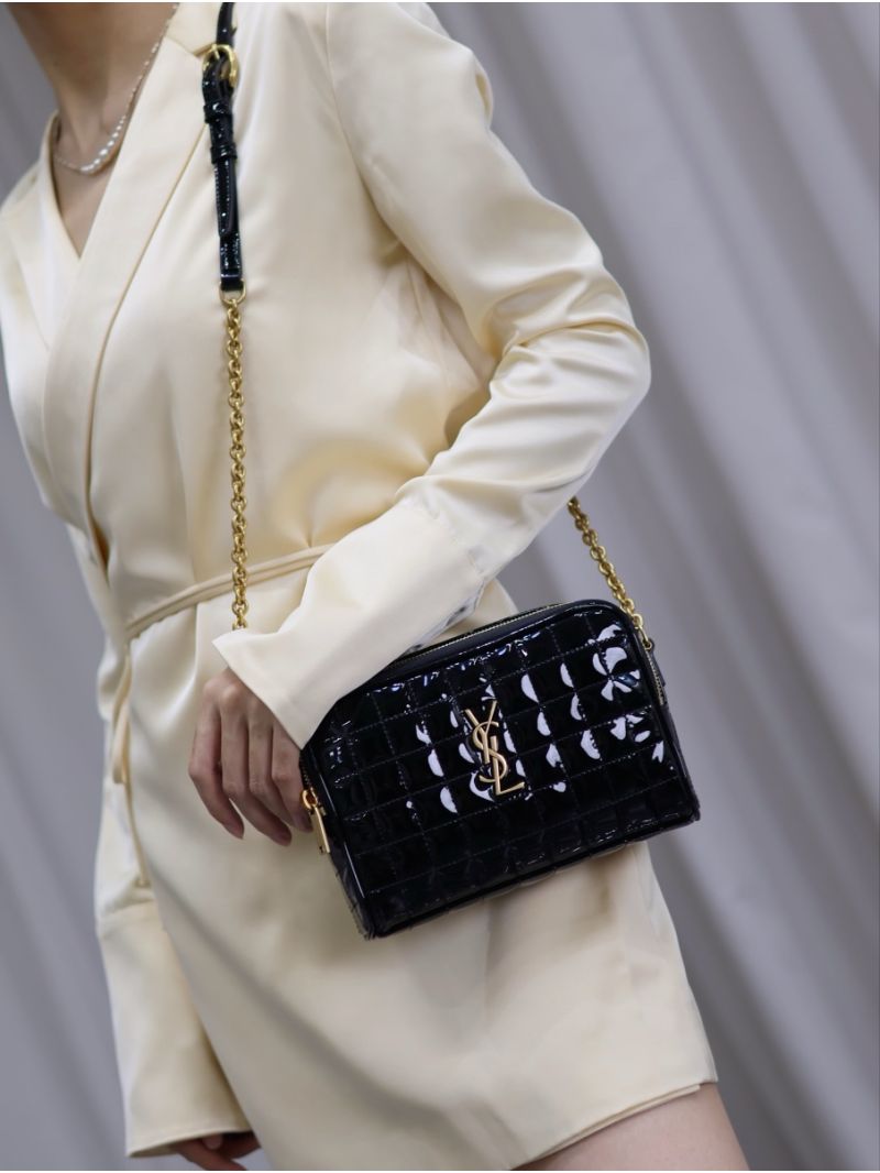 YSL Saint Laurent Cassandre matelassé carré camera bag in black patent leather 764809