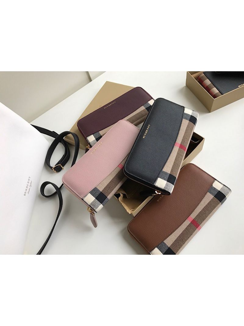 Burberry House Check and Grainy Calf Leather Zip Around Wallet