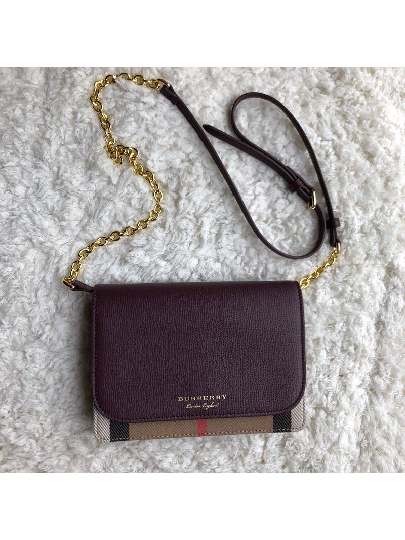 Burberry Leather and House Check Wallet with Detachable Strap 40681441 wine red