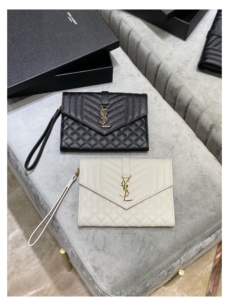 YSL Saint Laurent Monogram Clutch in Quilted Grain De Poudre Embossed Leather 6176621 White 