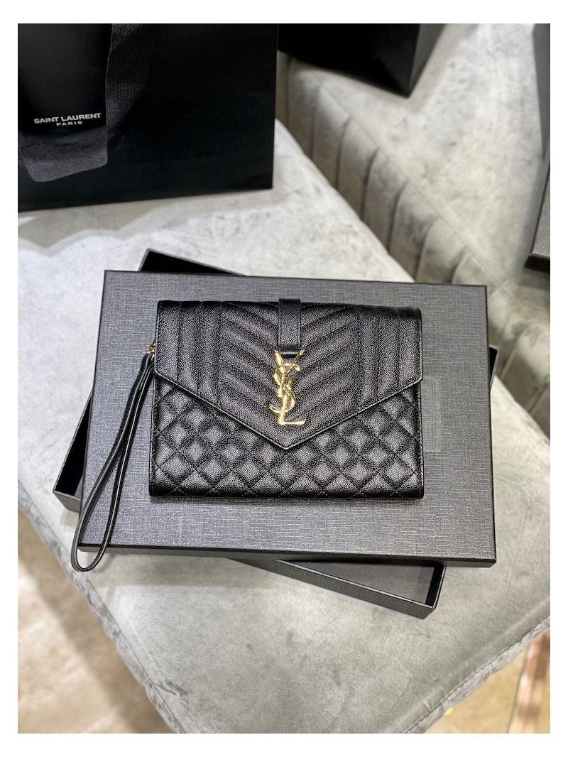 YSL Saint Laurent Monogram Clutch in Quilted Grain De Poudre Embossed Leather 6176621 Black 