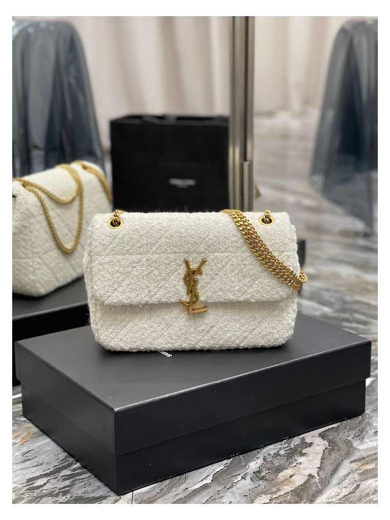 YSL Saint Laurent Jamie Medium "Carré Rive Gauche" In Bouclé Tweed 634820 Off White